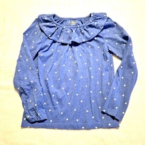 Mini Boden girls size 8-9 years medium blue with white polks dots shirt, VGUC